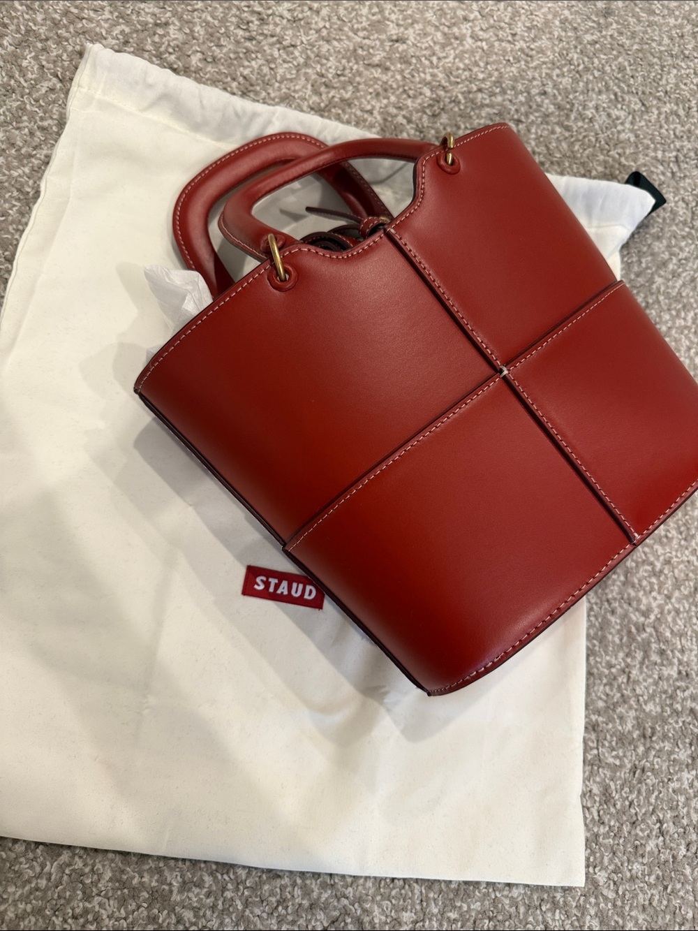 Staud Red Leather bucket bag with Top Handles